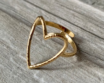 Waterproof Textured Open Heart Ring, Adjustable, Gold,  Stainless Steel.