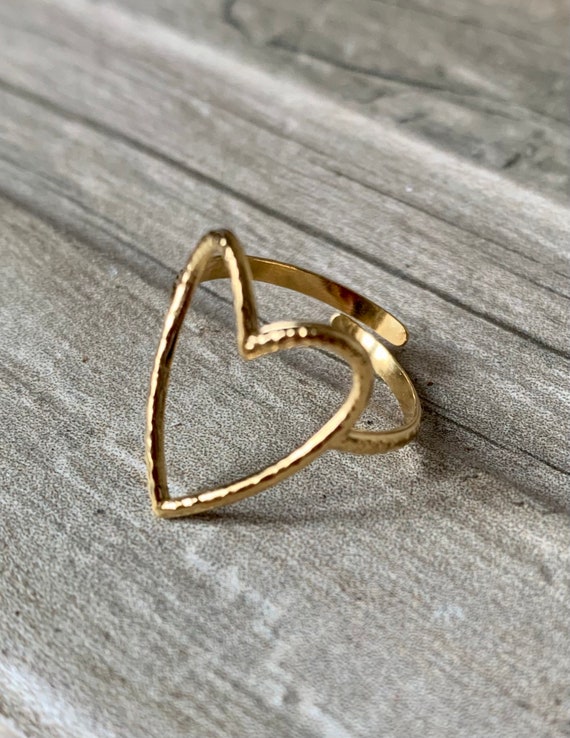 Waterproof Textured Open Heart Ring, Adjustable, Gold