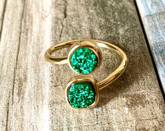 Emerald Druzy Round & Square Gold Ring