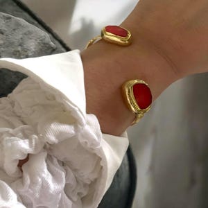 Double Coral Hammered Gold Cuff Bangle