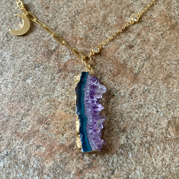 Luxe Amethyst Druzy Moon Necklace, Gold