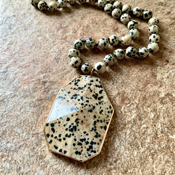 Dalmatian Jasper Necklace, Long, Statement, Gold