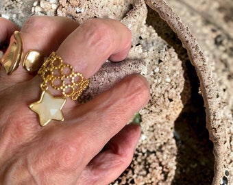 Ritzz Moonstone Faceted Star Charm Ring, Stainless Steel, Gold, One of a Kind.