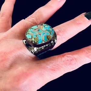 Turquoise on Black Hammered Cuff Ring