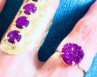 Solitaire Purple Druzy Gold Ring