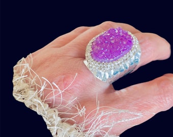 Milan Raspberry Druzy Statement Ring, Silver