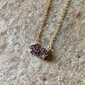Minimalist Tiny Druzy Necklace, Gold, Rainbow.