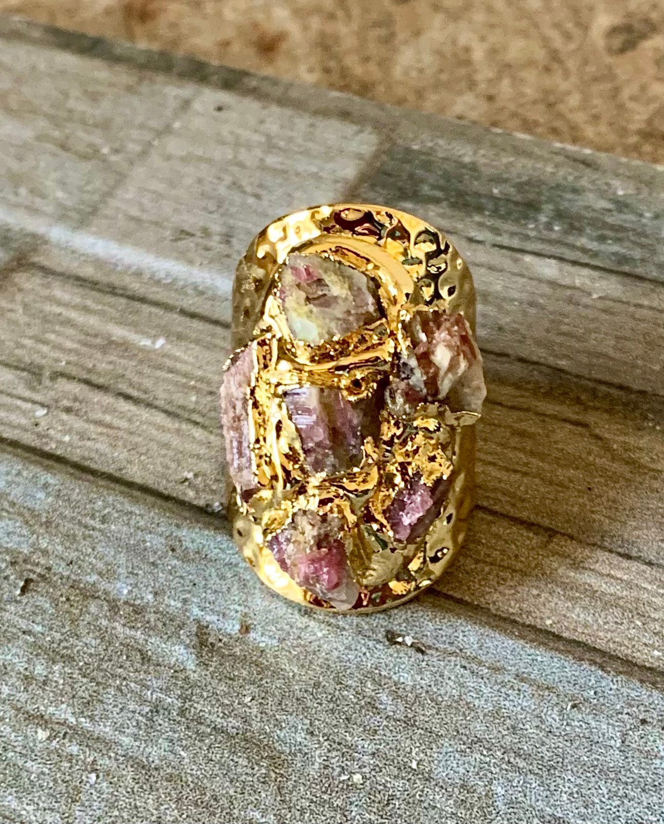 Raw Fluorite Cuff Ring, Gold, Adjustable.