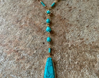 Fancy Turquoise Long Y Necklace, Gold