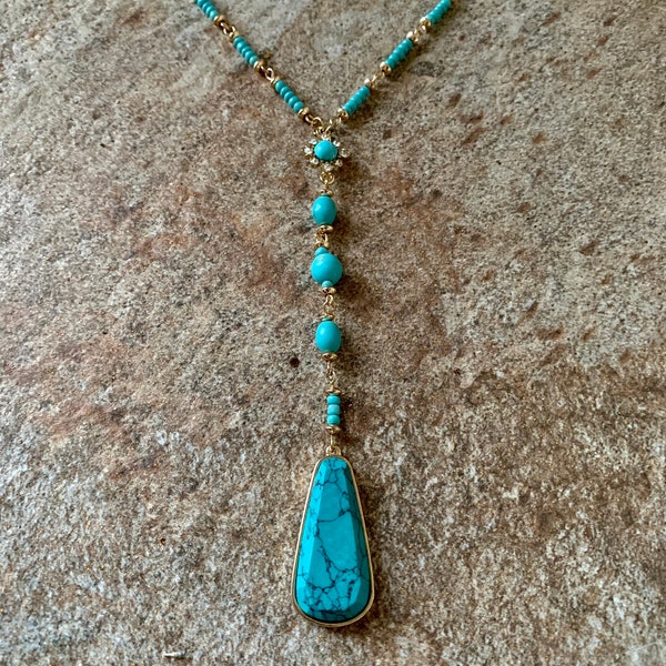 Fancy Turquoise Long Y Necklace, Gold