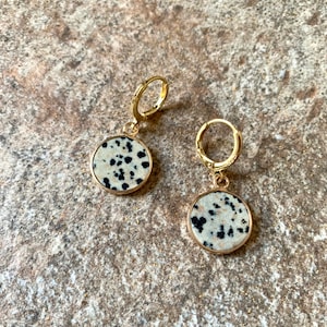 Dalmatian Jasper Earrings, Huggies, Gold