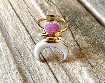 Single Pink Druzy Moon Gold Ring