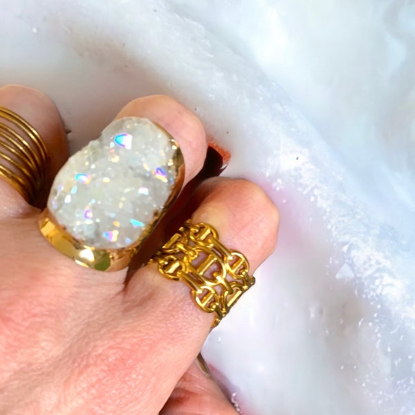 Angel Sparkle Hammered Druzy Ring. Gold, Adjustable.