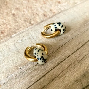 Waterproof Dalmatian Jasper Earrings, Huggies, Gold