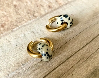 Waterproof Dalmatian Jasper Earrings, Huggies, Gold
