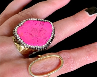 Vibrant Pink Howlite Gold Cuff Ring