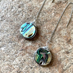 Abalone Disc Threader Earrings, Silver.
