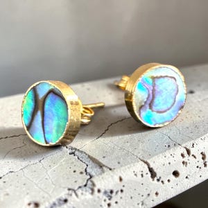 May include: A pair of round stud earrings featuring iridescent abalone shell inlays set within gold-toned metal bezels. The circular shell pieces display vibrant swirls of blue, green, and purple hues, with visible post backings extending from the metal frames.