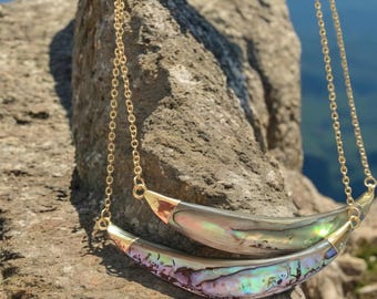 Abalone Crescent Moon Necklace. Gold, natural Abalone Shell.