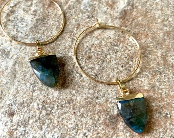 Faceted Labradorite Earrings, Gold Hoops.