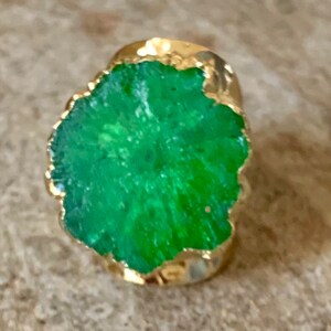 Forest Green Solar Quartz Ring. Gold, Adjustable.