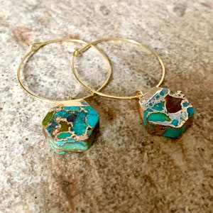 Venice Turquoise Hexagon Hoops. Gold, hoop earrings.