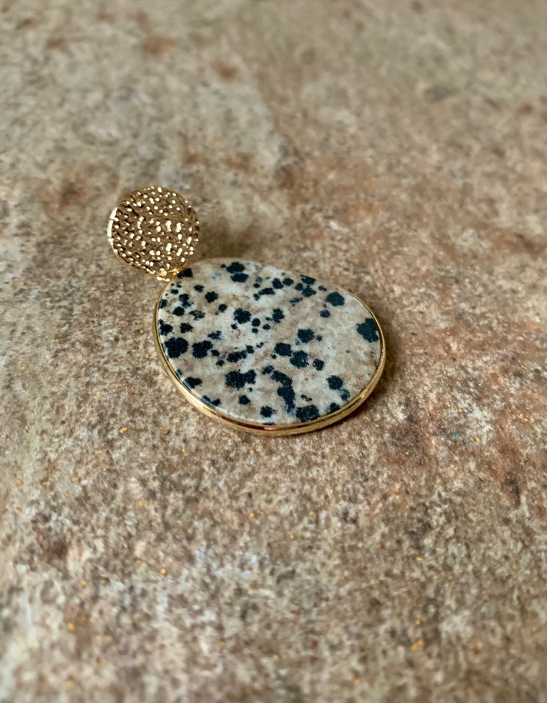 Dalmatian Slice Earrings. Gold, Dangle. image 3