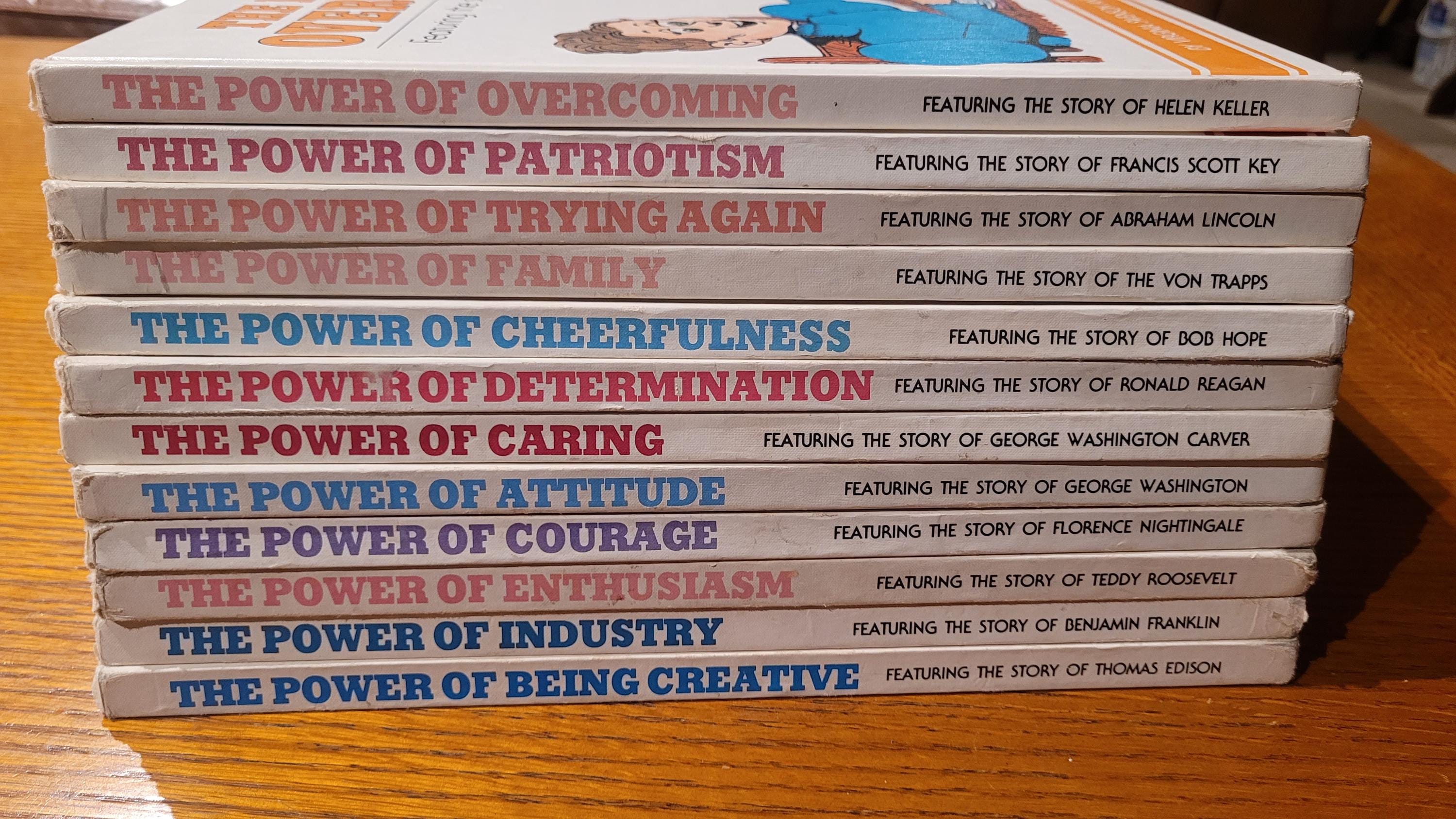 Power Tales Set of 12 childrens' books featuring American heroes, individuals exhibiting traits of Honesty, Creativity, Patriotism and more.