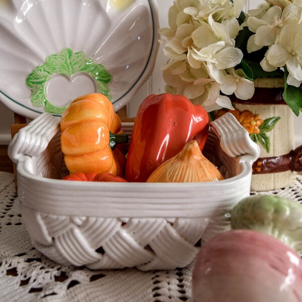 Vintage Italian Ceramic Woven Basket with Vegetables Centerpiece