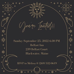 Minimal Celestial Invitation Card, Personalized Text, Black and Gold, 5 by 7 Portrait Digital Download