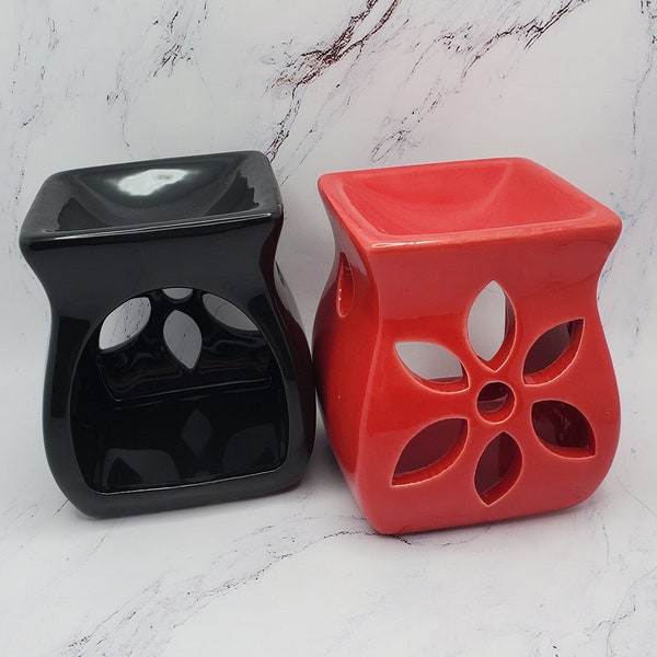 Wax Warmer - Essential Oil Warmer - small ceramic for use with tea lights. Red or black. Fragrance oil burner, wax burner, wax melter.