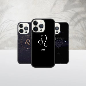 Könnte beinhalten: Drei verschiedene Handyhüllen mit schwarzem Hintergrund und einem goldenen Sternzeichen für Löwe. Das Symbol ist ein stilisierter Löwenkopf. Der Text "Leo" ist unter dem Symbol gedruckt. Die Hüllen haben einen schwarzen Hintergrund mit einem dezenten Sternenmuster.