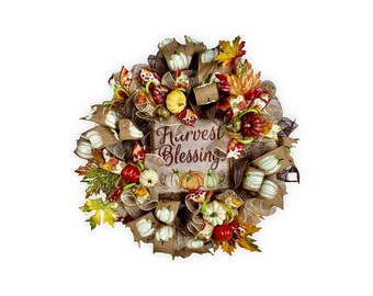 Harvest Blessing Wreath, Fall Wreath, Farmhouse Wreath, Rustic Wreath, Housewarming Gift, Pumpkin Door Hanger, Fall Harvest Wreath