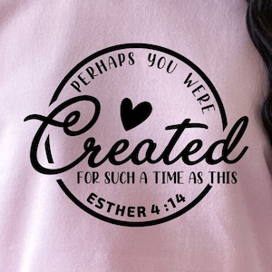 May include: Pink sweatshirt with a black circle graphic that says "Perhaps you were created for such a time as this Esther 4:14".