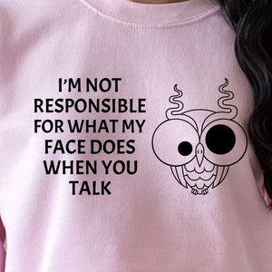May include: Pink sweatshirt with a black owl graphic and the text "I'm not responsible for what my face does when you talk."