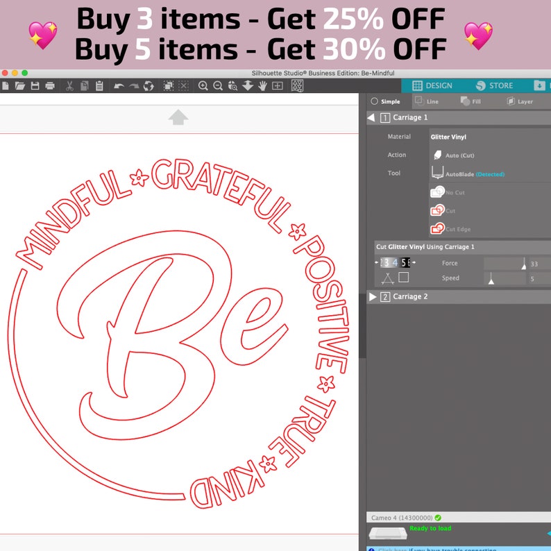 May include: A red circle design with the word "Be" in a large, stylized font in the center. The words "Mindful", "Grateful", "Positive", "True", and "Kind" are arranged in a circle around the word "Be".