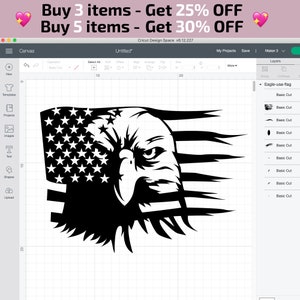 Pu&ograve; includere: Grafica in bianco e nero della testa di un'aquila con il design della bandiera americana. L'immagine &egrave; un design digitale, probabilmente per il taglio con una macchina Cricut. Il testo in alto dice "Buy 3 items - Get 25% OFF" e "Buy 5 items - Get 30% OFF".