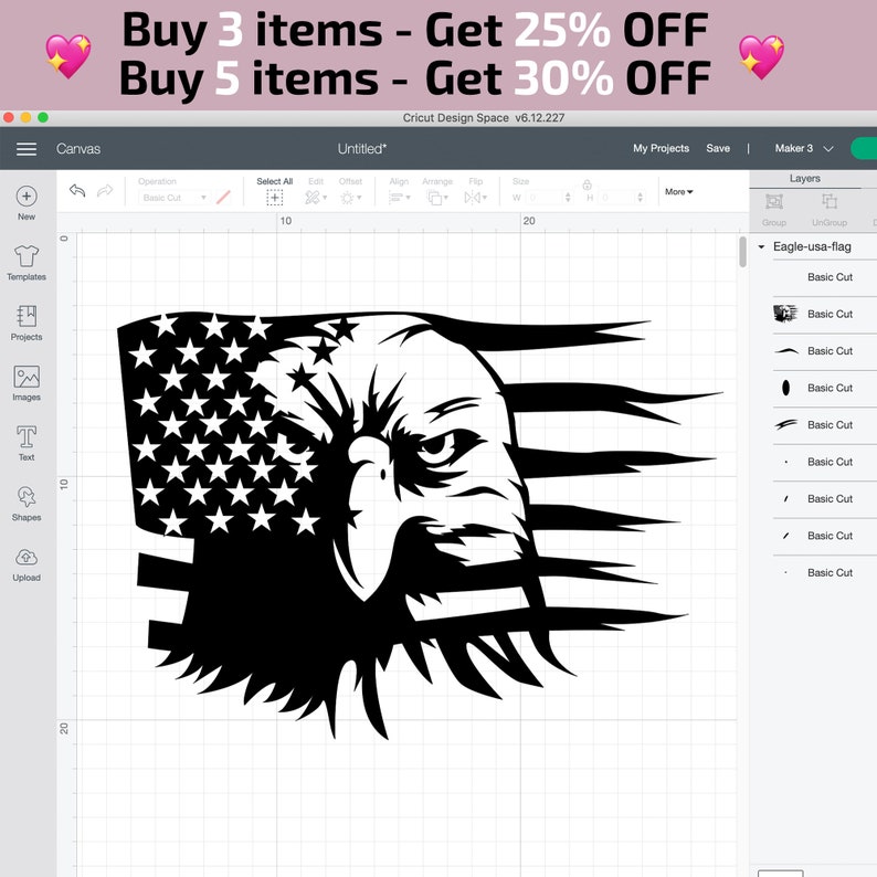 Pu&ograve; includere: Grafica in bianco e nero della testa di un'aquila con il design della bandiera americana. L'immagine &egrave; un design digitale, probabilmente per il taglio con una macchina Cricut. Il testo in alto dice "Buy 3 items - Get 25% OFF" e "Buy 5 items - Get 30% OFF".