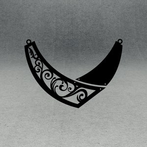 May include: A black metal necklace with a decorative floral design. The necklace is shaped like a crescent moon.