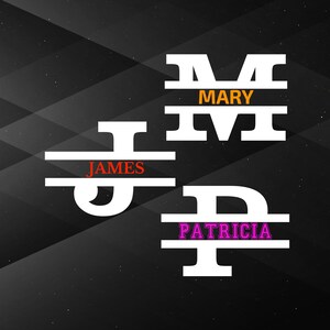 Op de afbeelding: Witte gesplitste monogramletters met de namen "Mary", "James" en "Patricia" in oranje, rood en roze tekst. De letters staan op een zwarte achtergrond met een geometrisch patroon.