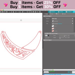May include: A red outline of a necklace design on a white background. The design is a curved shape with intricate details. The image is from a Silhouette Studio design program, with a panel on the right showing the design settings. The text "Buy 3 items - Get 25% OFF" and "Buy 5 items - Get 30% OFF" is at the top of the image.