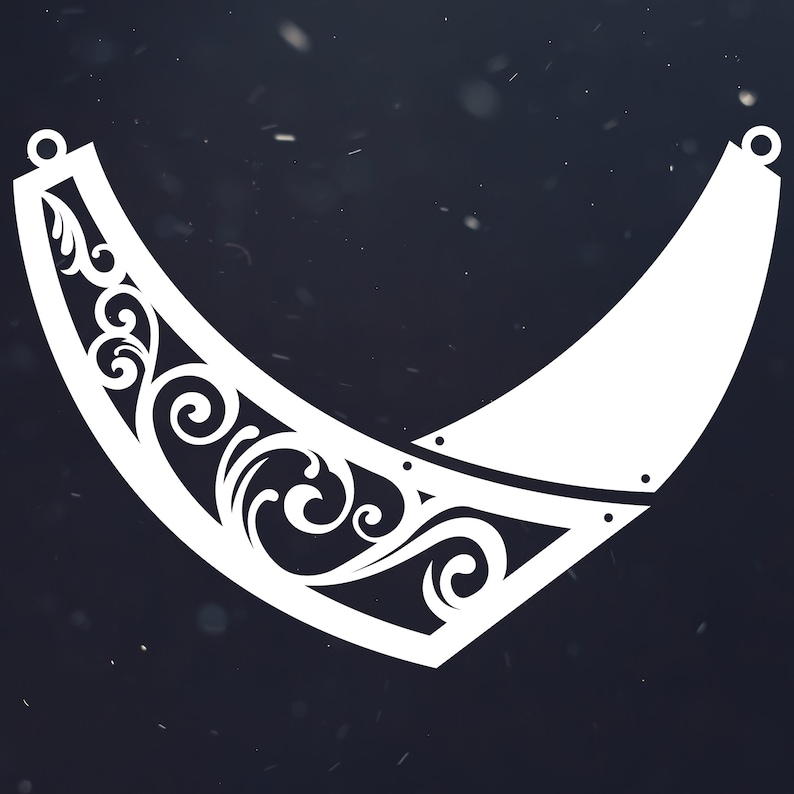 May include: White, intricately designed, decorative necklace with a curved shape and floral patterns.