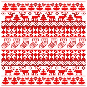 May include: Red and white Scandinavian-style Christmas pattern with reindeer, trees, snowflakes, and stockings. The pattern is repeated vertically.