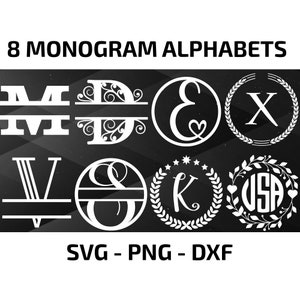 Monogram Bundle SVG/DXF/PNG, 8 Monogram Alphabets, Digital Download for Cricut, Silhouette, Glowforge, Individual Letter Svg/Dxf/Png files