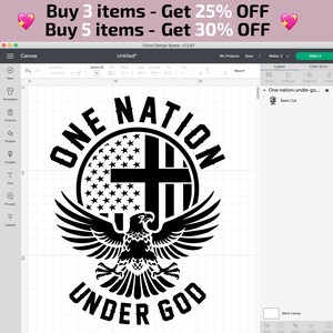 Pu&ograve; includere: Design in bianco e nero con un'aquila con le ali spiegate, un cerchio con una bandiera americana e una croce, e il testo "ONE NATION UNDER GOD".