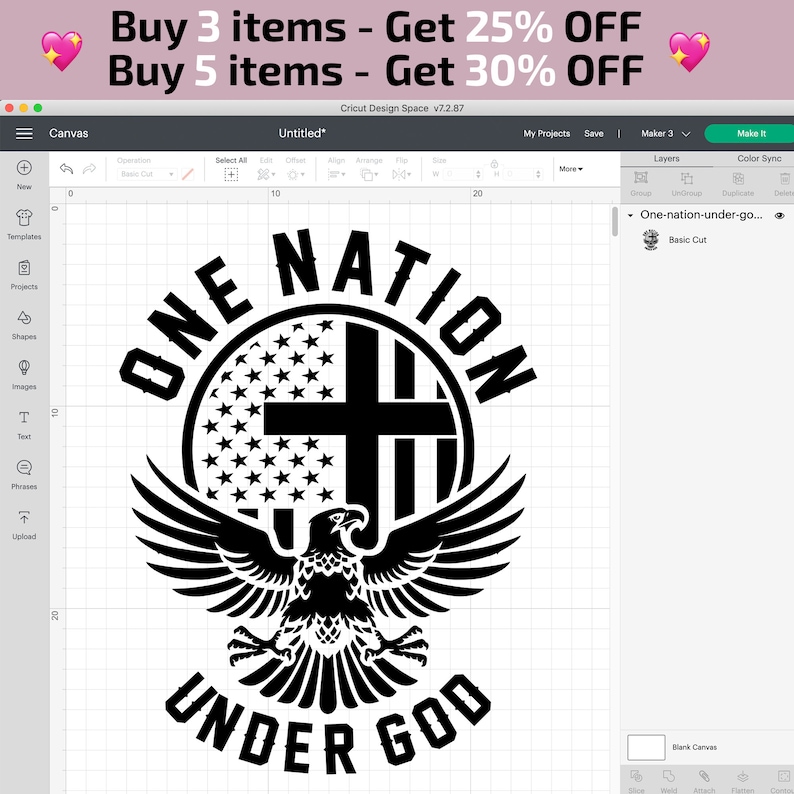 Pu&ograve; includere: Design in bianco e nero con un'aquila con le ali spiegate, un cerchio con una bandiera americana e una croce, e il testo "ONE NATION UNDER GOD".