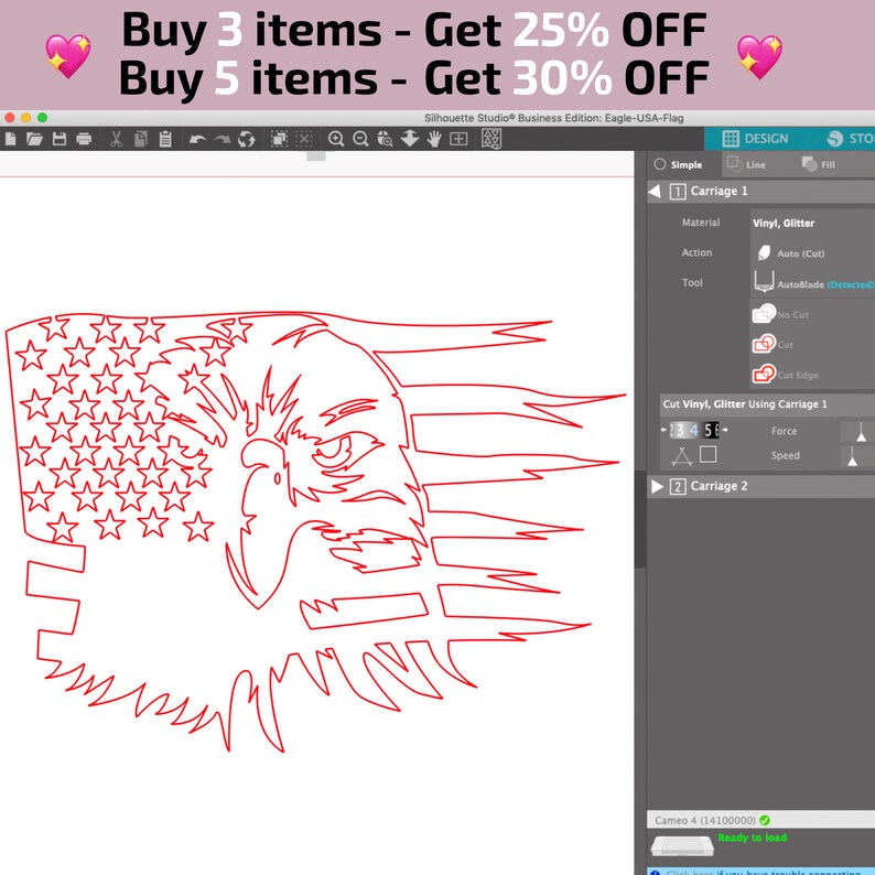 Pu&ograve; includere: Contorno rosso di un disegno della bandiera americana con un'aquila e stelle, pronto per il taglio con una macchina Silhouette Studio. Il testo recita "Buy 3 items - Get 25% OFF" e "Buy 5 items - Get 30% OFF".