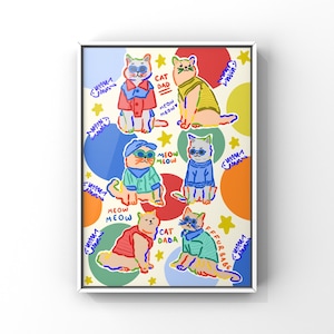 Cat Dad Wall Art Print – Funny Cartoon Cat Illustration – Colourful Cat Lover Gift – Pop Art Style Animal Poster – Quirky Cat Decor