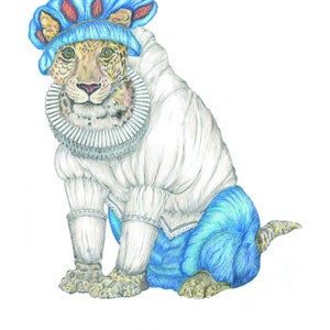 May include: A hand-drawn illustration of a jaguar wearing a blue shower cap, a white ruff, and blue trousers. The jaguar is sitting down with its tail curled behind it. The text "Conceal me what I am, and be my aid for such disguise as happy shall become the form of my intent" is written below the image. The text "Spoken by Viola. Twelfth Night. By William Shakespeare" is written below the first line of text. The text "Diana Thomas. October 2021" is written below the second line of text.
