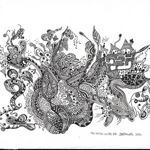 Puede incluir: Dibujo en tinta negro y blanco de un diseño abstracto complejo con patrones y formas intrincadas. El dibujo está titulado "The House on the Hill, January 2021".